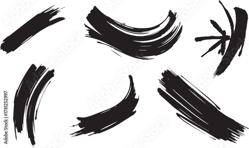 Brush set. Vector black paint brush spots, highlighter lines or felt-tip pen marker. Ink smudge abstract shape stains and smear set with texture