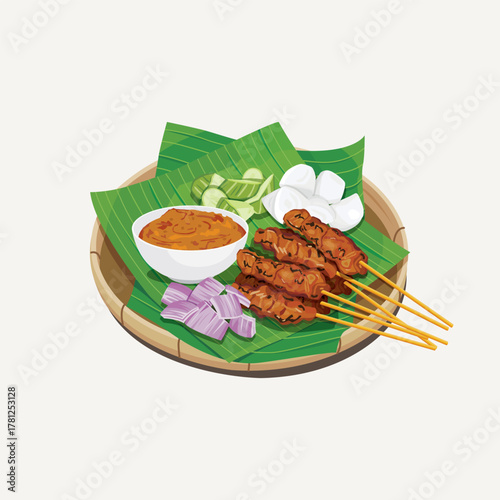 Vector illustration of Malaysia famous food, Satay or Sate served on banana leaves and bamboo plate.  Beef skewer. Onion, cucumber, rice cake and satay sauce