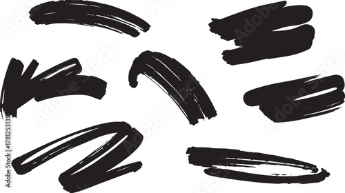 Brush set. Vector black paint brush spots, highlighter lines or felt-tip pen marker. Ink smudge abstract shape stains and smear set with texture