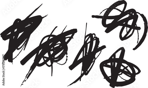 Brush set. Vector black paint brush spots, highlighter lines or felt-tip pen marker. Ink smudge abstract shape stains and smear set with texture