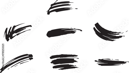 Brush set. Vector black paint brush spots, highlighter lines or felt-tip pen marker. Ink smudge abstract shape stains and smear set with texture