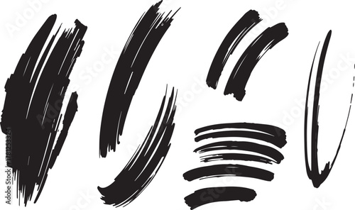 Brush set. Vector black paint brush spots, highlighter lines or felt-tip pen marker. Ink smudge abstract shape stains and smear set with texture