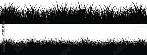 Black grass silhouette border set vector illustration, realistic nature and field graphic element for landscaping design, spring banners, or decorative lawn illustration isolated on white background.