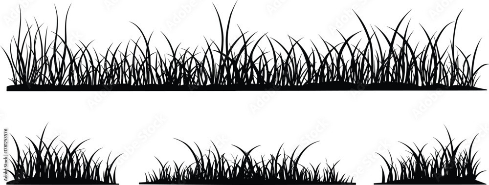 Fototapeta premium Black silhouette grass patches and meadow border, natural vegetation blades design, decorative landscape elements isolated vector illustration for artwork