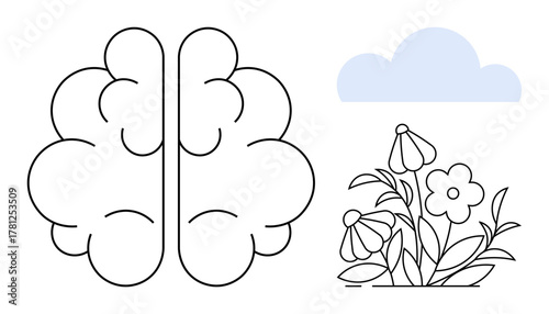 Abstract brain beside blooming flowers and a cloud, symbolizing creativity, growth, and mindfulness. Ideal for wellness, psychology, environment, innovation, health mental growth sustainable