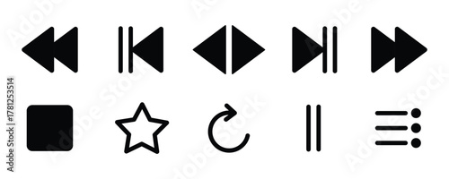 Play icon set. play, pause, stop, record, rewind and forward vector illustration. Interface playback UI sign.