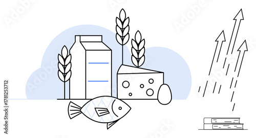 Milk carton, fish, wheat, cheese, and an egg symbolize food diversity. Upward arrows indicate growth, progress in nutrition, and food industry innovation. Ideal for health sustainability