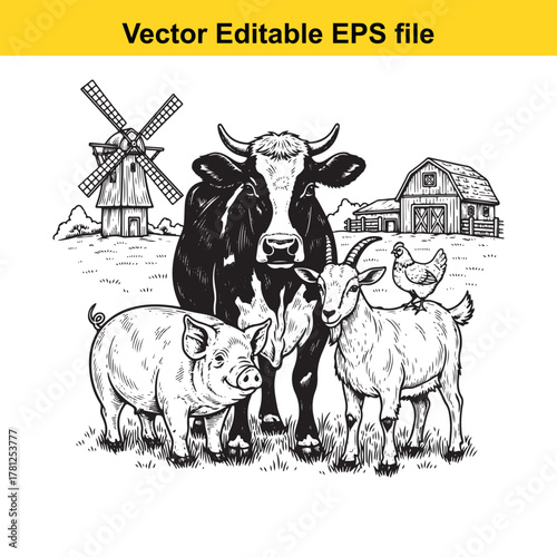 Farm animals including a cow, pig, goat, and chicken in front of a barn and windmill, vector illustration