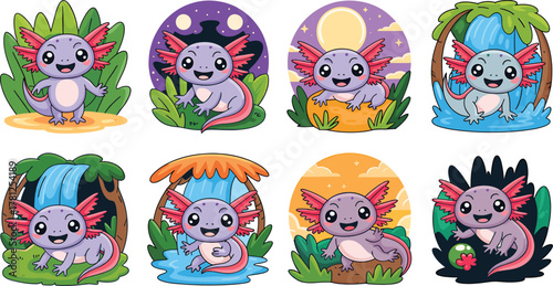 Cute Cartoon Axolotl Characters in Various Natural Settings and Silhouettes Keywords: axolotl, cartoon, cute, amphibian, salamander, kawaii, character, illustration, drawing, pet, aquatic, water