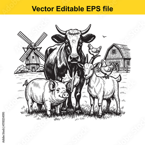 Farm animals including a cow, pig, goat, and chicken in front of a barn and windmill, vector illustration