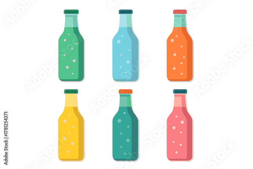 Six colorful soda bottles with bubbles and screw caps isolated on white background