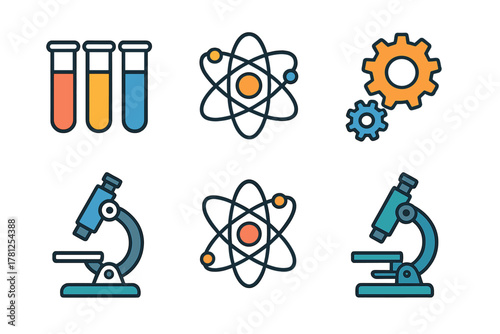 Set of science and engineering icons featuring laboratory equipment, atomic structure, and mechanical gears