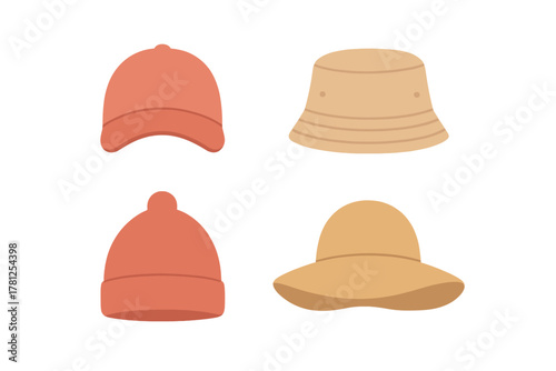 Collection of four different hats and headwear items for summer and winter seasons