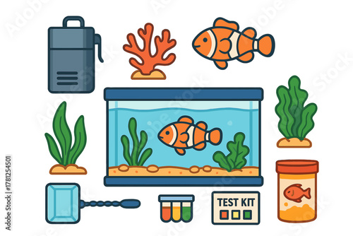 Set of essential equipment and decorative items for tropical fish aquarium maintenance