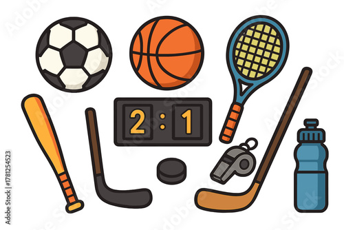 Collection of essential equipment for various popular sports games including balls, rackets, bats, and scoreboards