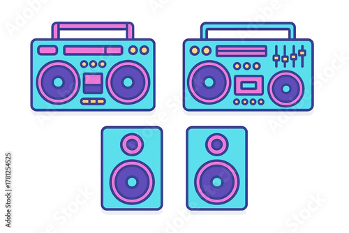Vintage portable stereo boomboxes and separate audio speakers in bright neon colors