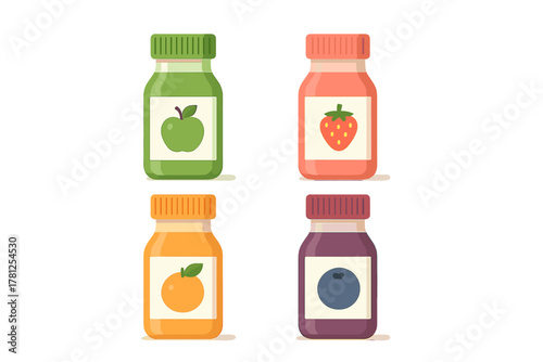 Assortment of small fruit puree jars featuring strawberry orange and blueberry flavors