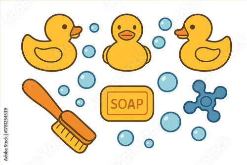 Cute set of bath time essentials including rubber ducks, soap, brush, and bubbles
