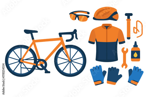 Essential road cycling equipment set including bike, helmet, jersey, gloves, and maintenance tools