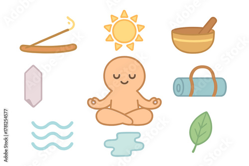 Minimalist character meditating in lotus pose surrounded by spiritual and natural wellness icons