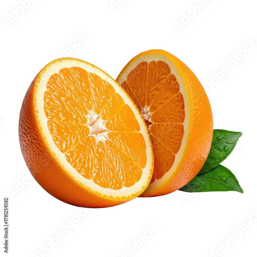 Extreme close-up macro of a bisected, vibrant Navel orange, glistening juicy segments and a thick wedge, with dew-kissed green leaves, isolated on transparent. Concept of fresh succulence