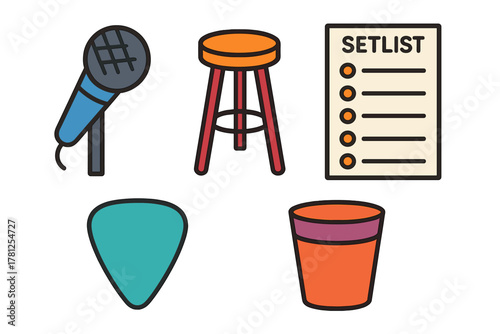 Essential objects for live music performance including microphone, stool, setlist, and guitar pick