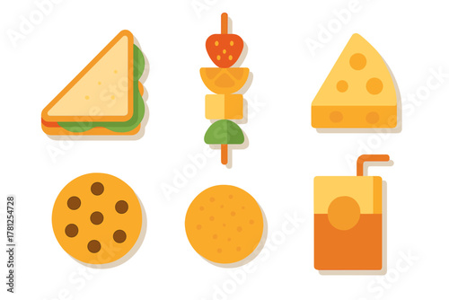 Flat style collection of popular snack foods and beverages on white background