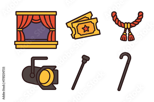 Theatrical performance and show business elements including stage curtain, tickets, spotlight, and canes