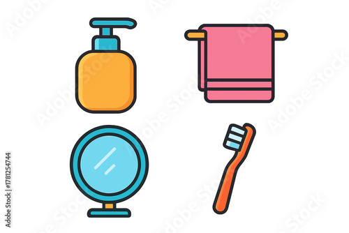 Colorful set of personal hygiene objects and bathroom essentials including soap dispenser and mirror