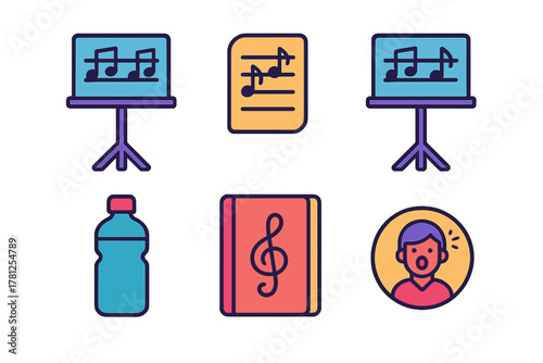 Colorful icons depicting music performance, practice, rehearsal, sheet music, stand, and singer elements