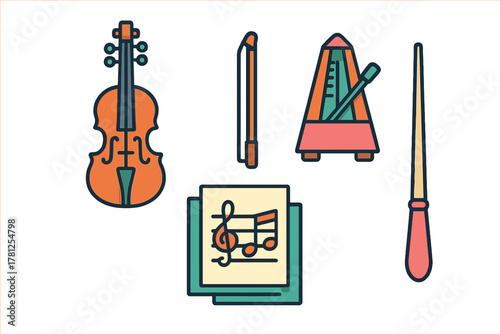Set of classical music instruments and tools including violin bow metronome and conductor baton