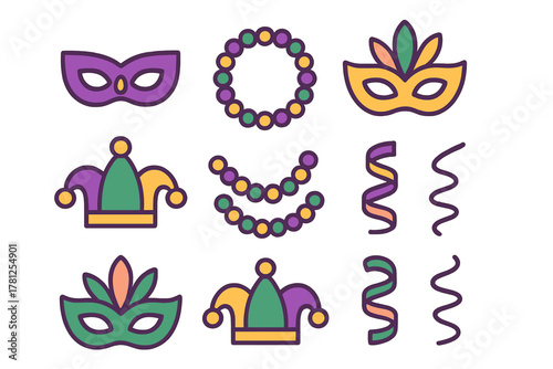 Mardi Gras celebration elements featuring colorful carnival masks, jester hats, beads, and party streamers