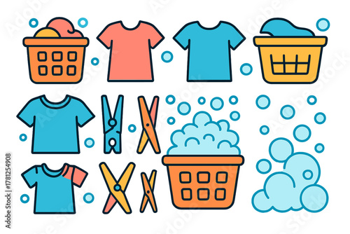 Colorful set of laundry items including t-shirts, baskets, clothespins, washing foam, and bubbles