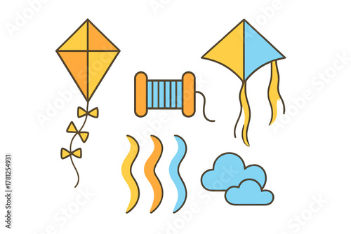 Set of colorful diamond and triangular kites with spool of string wind symbols and clouds