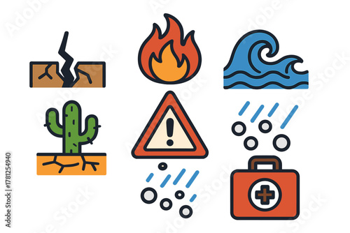 Essential icons for natural disasters and emergency preparedness showing fire, flood, drought, and warning signs