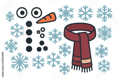 Cute disassembled snowman parts with carrot nose, coal buttons, eyes, red scarf, and blue snowflakes