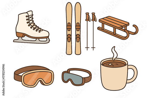 Collection of winter sports equipment and cozy items like skis, sled, goggles, and hot drink