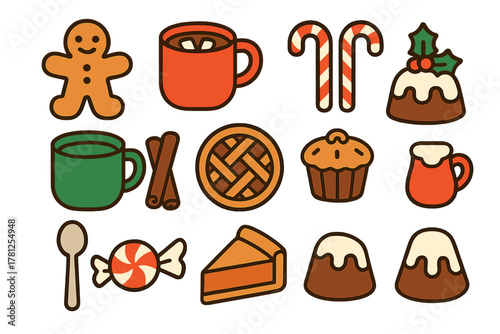 Festive winter holiday treats and desserts collection featuring gingerbread man, hot drinks, and candy canes