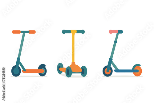 Three brightly colored children's kick scooters featuring two and three wheels