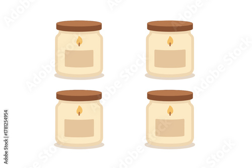 Four cozy burning jar candles with flickering flames and blank labels