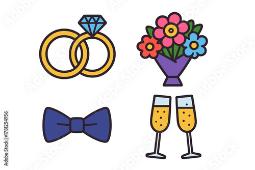 Colorful engagement rings, floral bouquet, and champagne flutes for wedding celebration