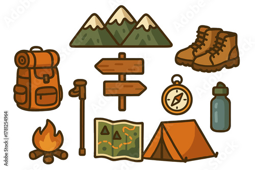 Essential hiking and camping gear set featuring mountains, backpack, tent, boots, and compass