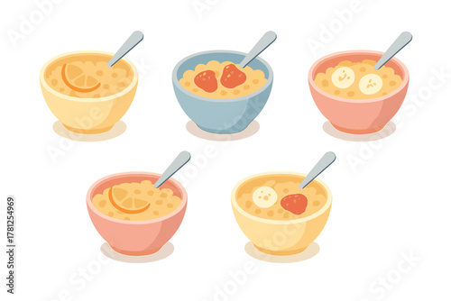 Five colorful bowls of hot oatmeal porridge topped with fresh fruit and berries for a healthy breakfast
