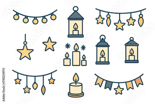 Festive lanterns, burning candles, string lights, and star garlands for cozy winter decoration