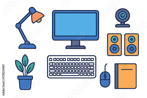 Flat design desktop computer setup with monitor keyboard mouse and accessories
