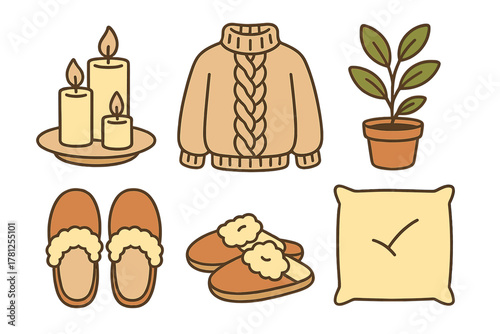 Cozy home elements set including knitted sweater, burning candles, slippers, and houseplant