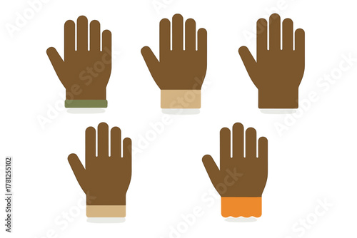 Set of brown work gloves and winter mittens featuring various cuff designs and textures