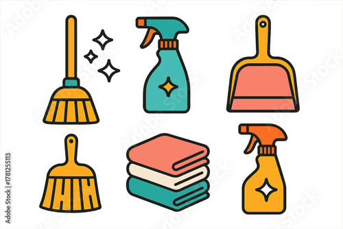 Set of essential household cleaning tools including broom dustpan spray bottles and towels