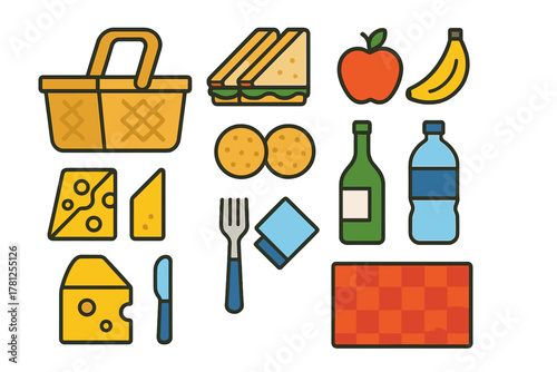 Essential items for a summer picnic: food, drinks, basket, and blanket set