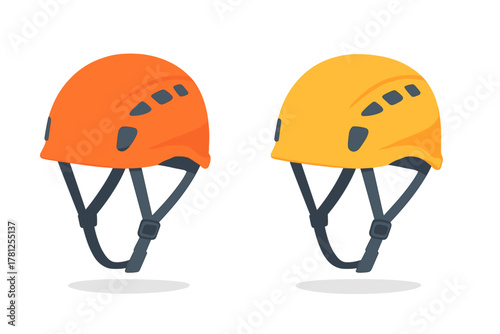 Two colorful safety helmets for rock climbing and mountaineering activities